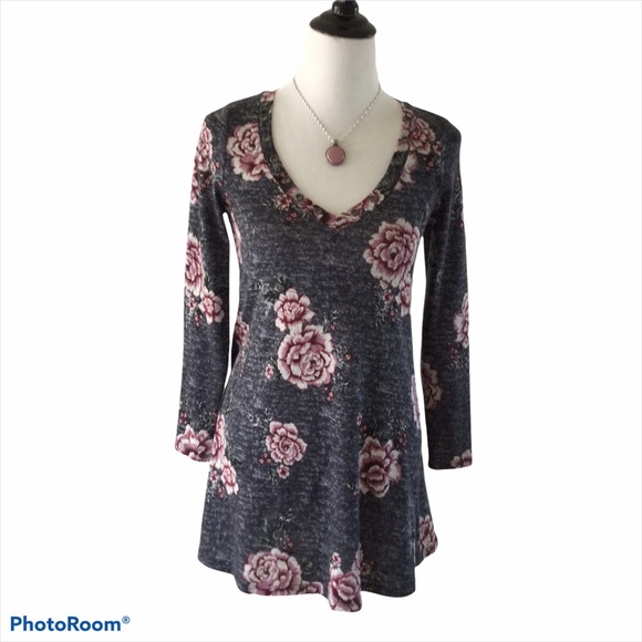 Knit Floral Dress|Tunic Grommet Trim Neckline Gray & Pink S - Picture 9 of 10